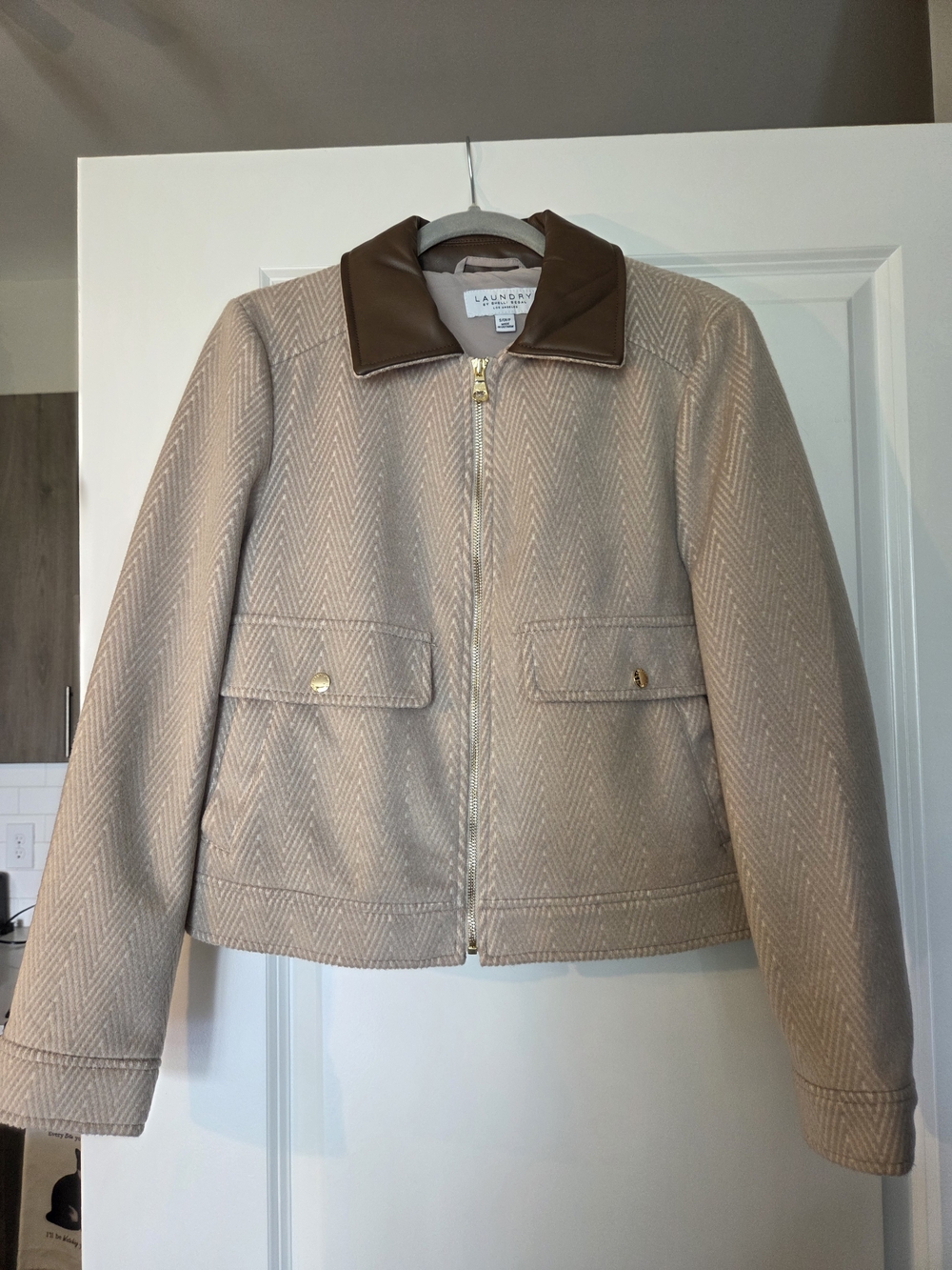 Laundry by Shelli Segal Herringbone Cropped Jacket Small Faux Leather Collar